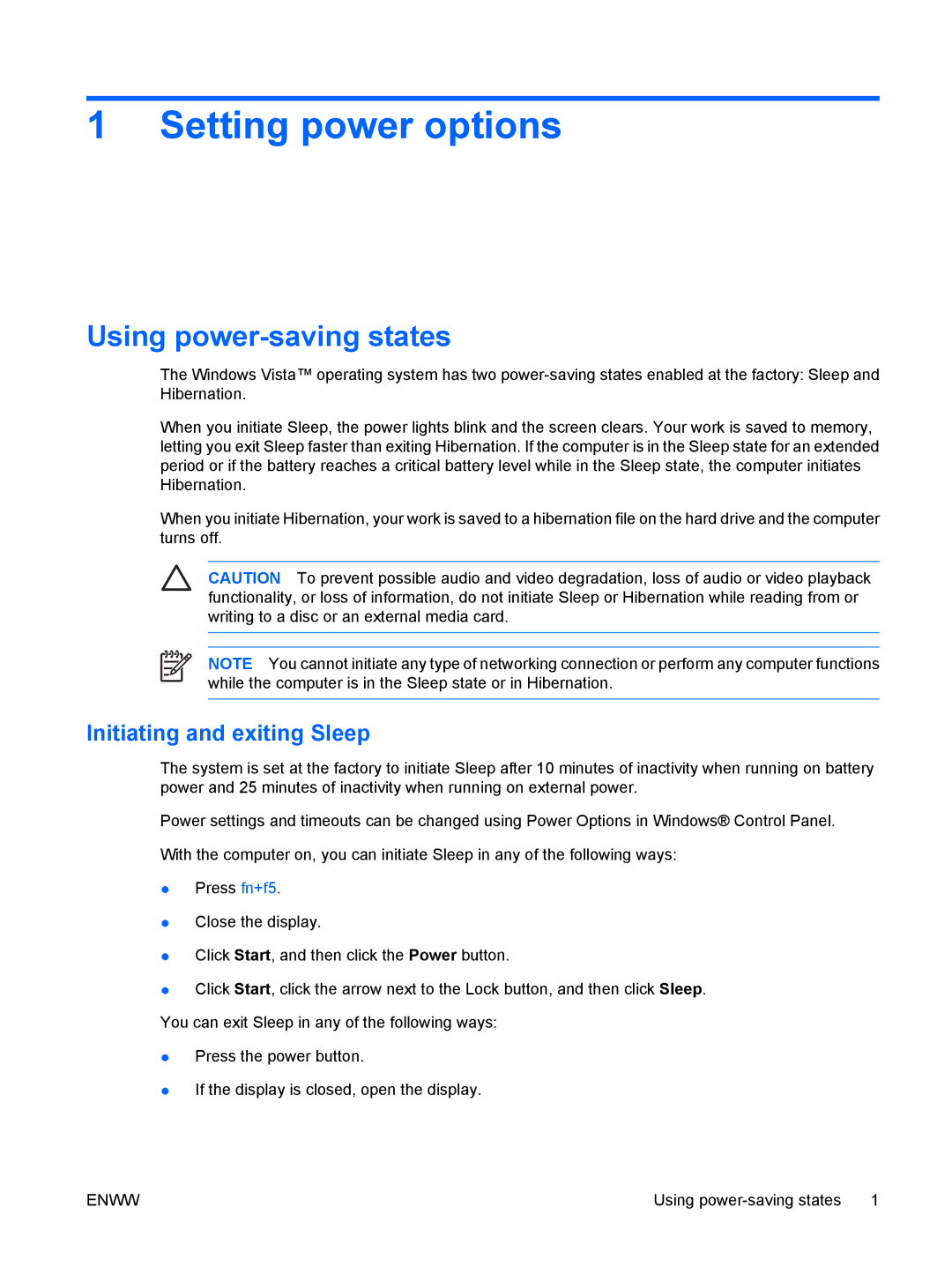 HP V6400, V6000Z, V6410CA, V6403AU, V6401XX Setting power options, Using power-saving states, Initiating and exiting Sleep 