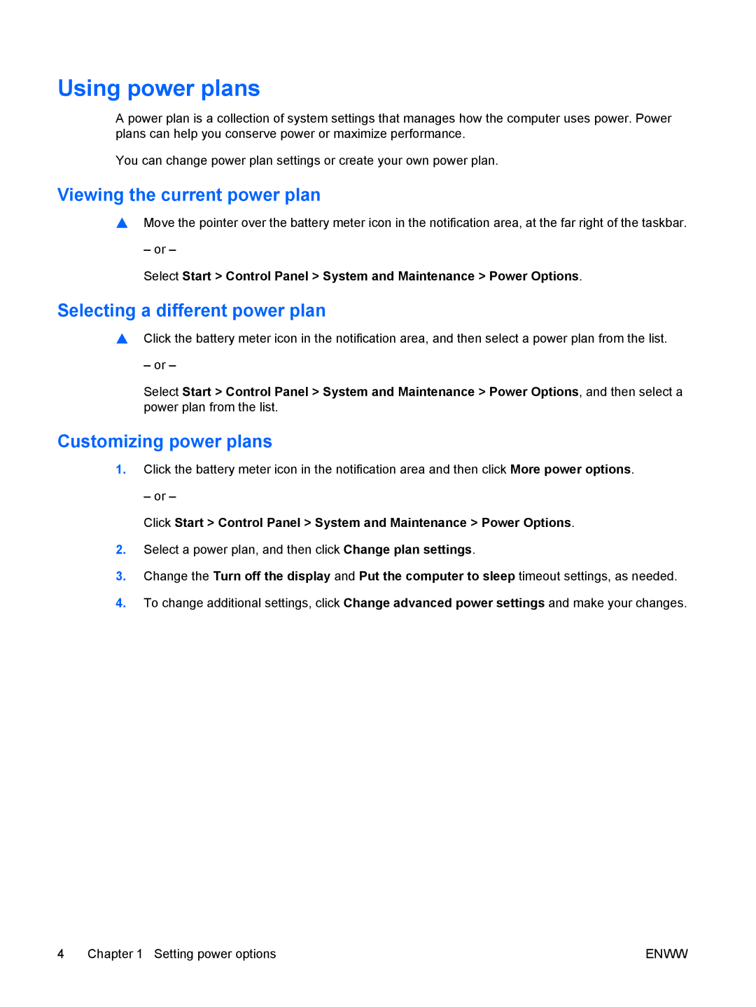 HP V6310US Using power plans, Viewing the current power plan, Selecting a different power plan, Customizing power plans 