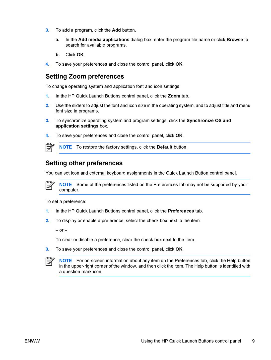 HP V6100, V6108EA, V6106TU, V6105EA, V6105NR, V6104US, V6104NR, V6115EA manual Setting Zoom preferences, Setting other preferences 