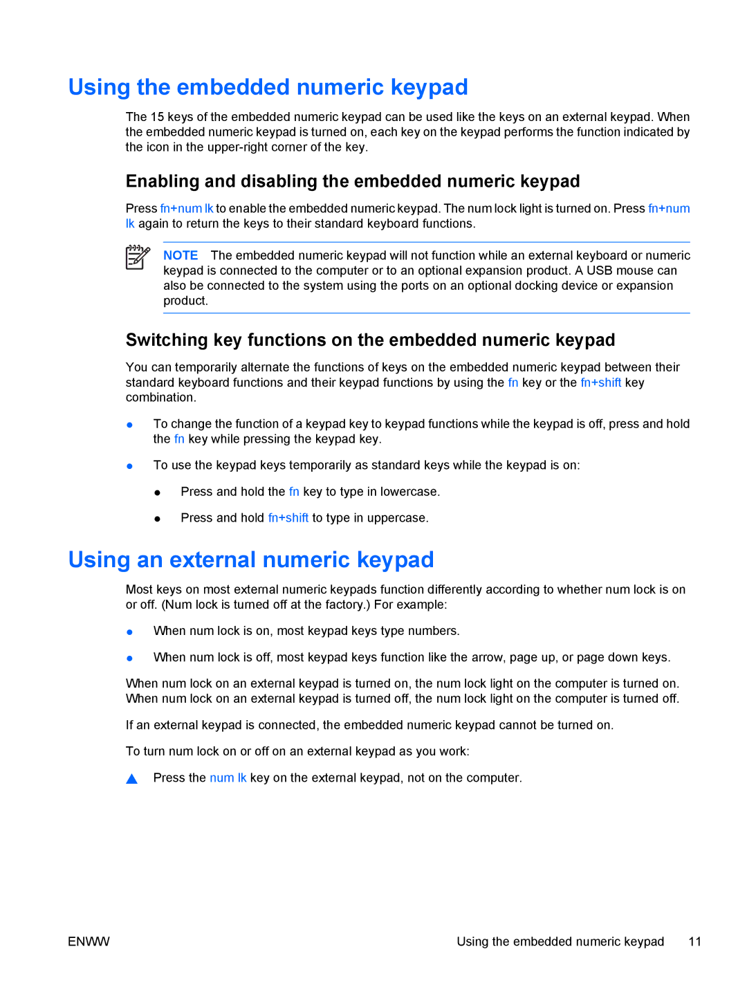 HP V6128EA, V6108EA, V6106TU, V6105EA, V6105NR, V6104US Using the embedded numeric keypad, Using an external numeric keypad 