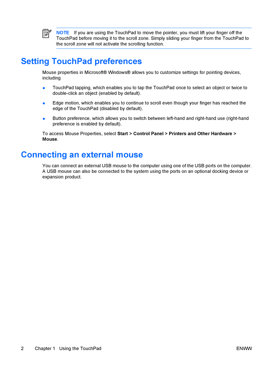 HP V6115EA, V6108EA, V6106TU, V6105EA, V6105NR, V6104US, V6104NR Setting TouchPad preferences, Connecting an external mouse 