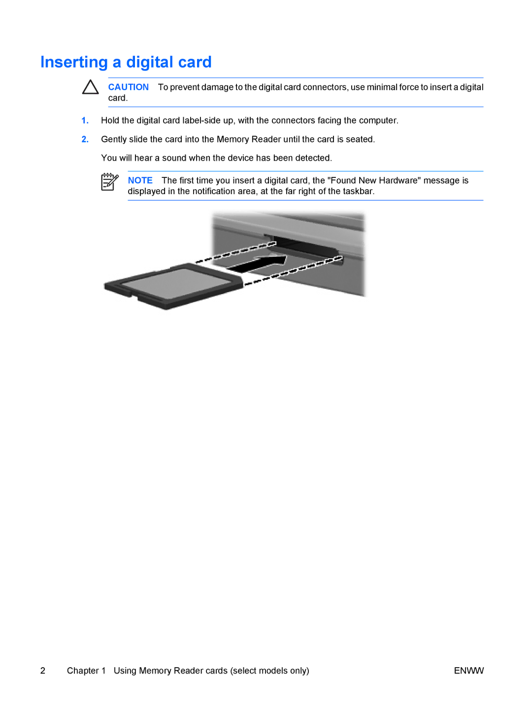 HP V6104NR, V6108EA, V6109EA, V6106TU, V6105EA, V6105NR, V6104US, V6102EA, V6115EA, V6110EA, V6144EA manual Inserting a digital card 