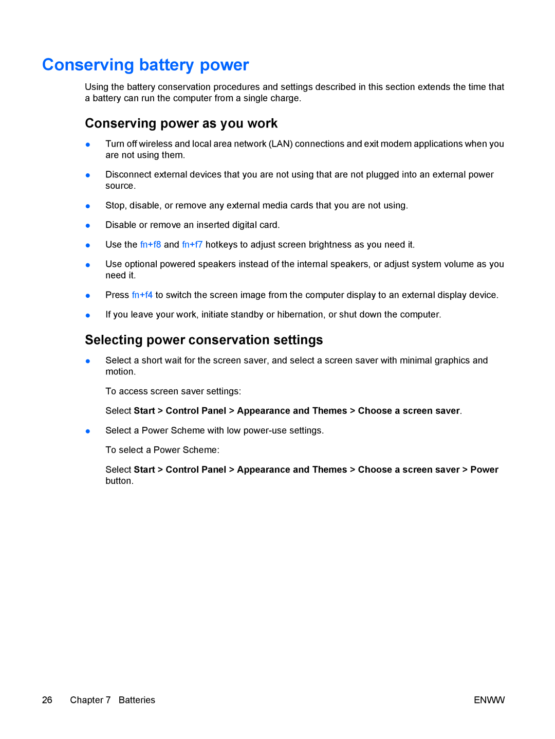 HP V6152EA, V6108EA, V6113EA Conserving battery power, Conserving power as you work, Selecting power conservation settings 