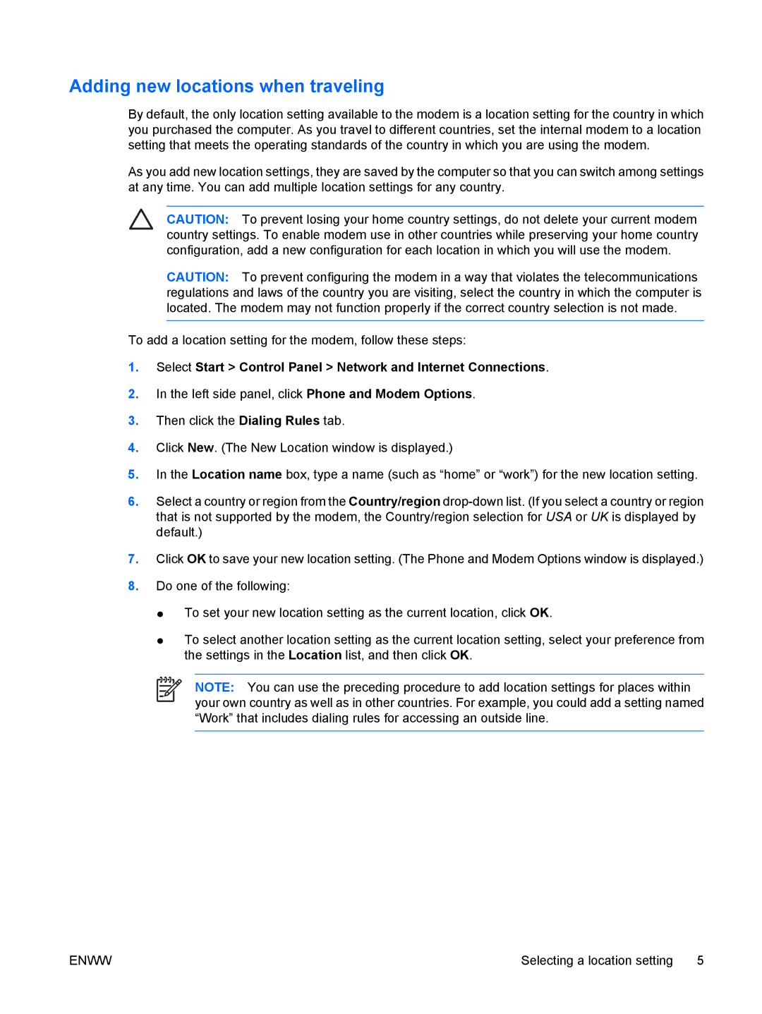 HP V6144EA, V6108EA manual Adding new locations when traveling, Select Start Control Panel Network and Internet Connections 