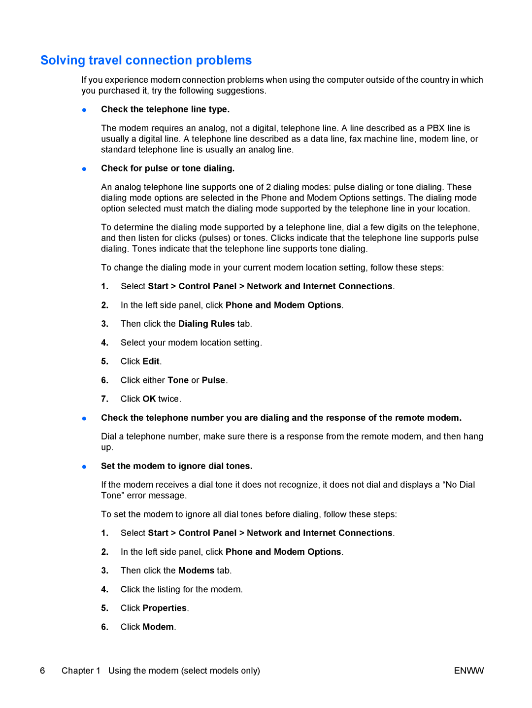 HP V6141TU, V6108EA, V6113EA, V6109EA, V6106TU, V6105EA manual Solving travel connection problems, Check the telephone line type 