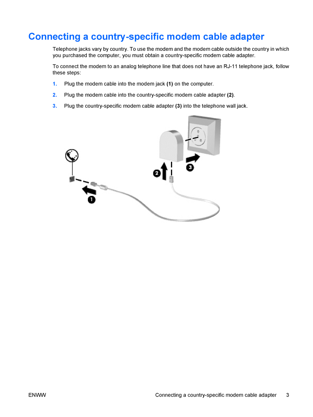 HP V6115EA, V6108EA, V6113EA, V6109EA, V6106TU, V6105EA, V6105NR, V6104US manual Connecting a country-specific modem cable adapter 