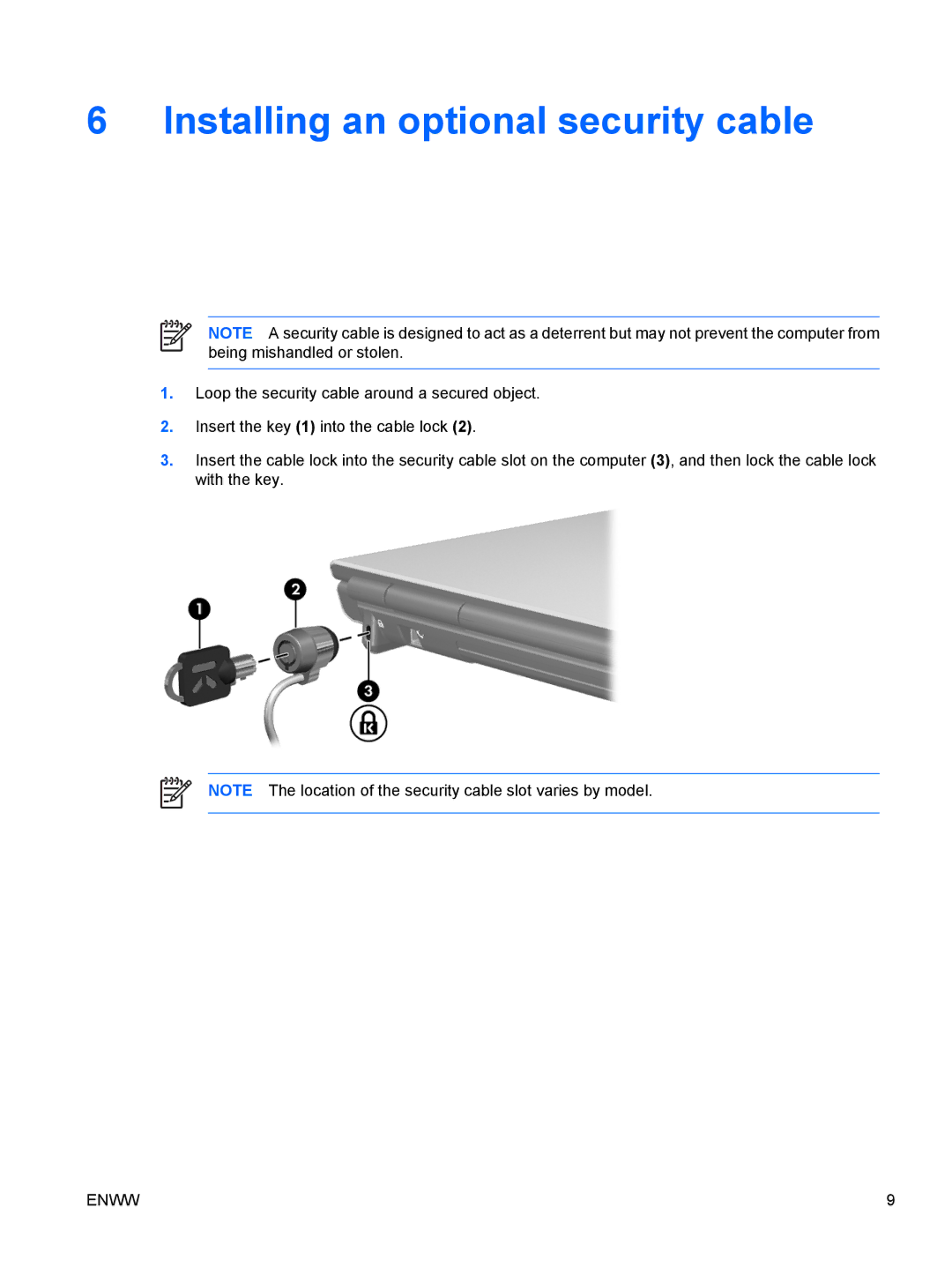 HP V6137EU, V6110US, V6110CA, V6109AU, V6109OM, V6109EU, V6107US, V6103NR, V6102XX, V6101US Installing an optional security cable 