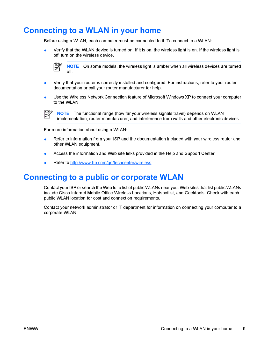 HP V6139EU, V6110US, V6110CA, V6115EU, V6109AU Connecting to a Wlan in your home, Connecting to a public or corporate Wlan 