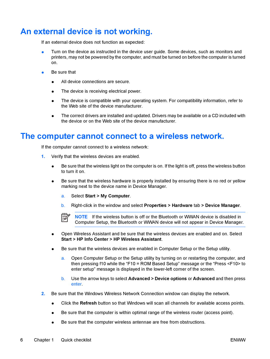 HP V6101XX, V6110US, V6110CA, V6115EU, V6100 An external device is not working, Computer cannot connect to a wireless network 