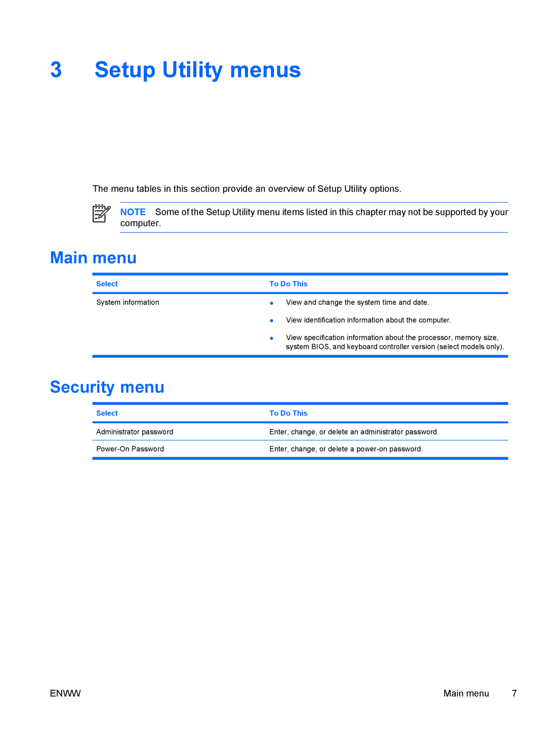 HP V6101AU, V6110US, V6110CA, V6115EU, V6109AU, V6109OM, V6109EU, V6107US, V6103NR Setup Utility menus, Main menu, Security menu 