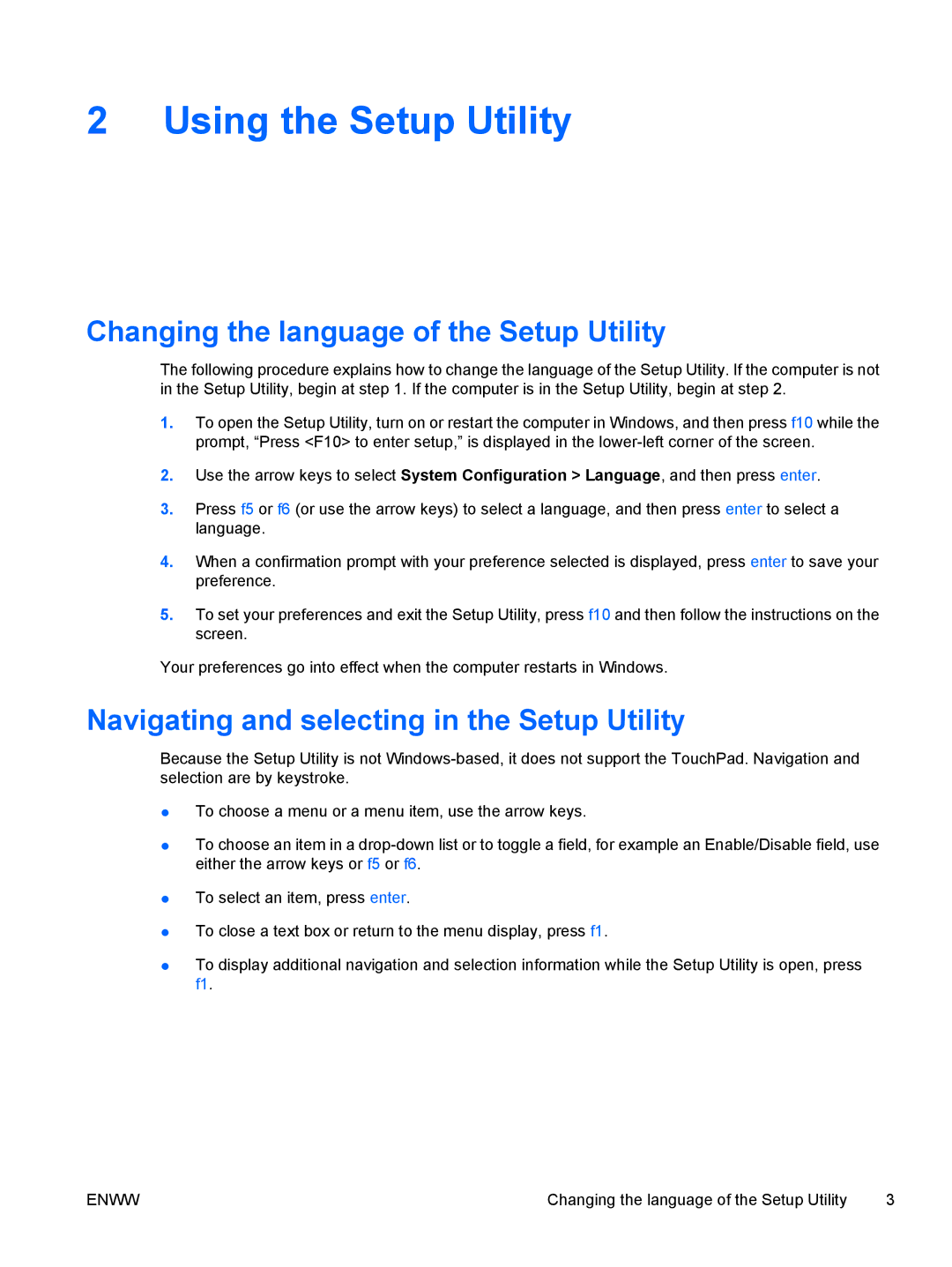 HP V6103NR, V6110US, V6110CA, V6115EU, V6109AU, V6109OM Using the Setup Utility, Changing the language of the Setup Utility 