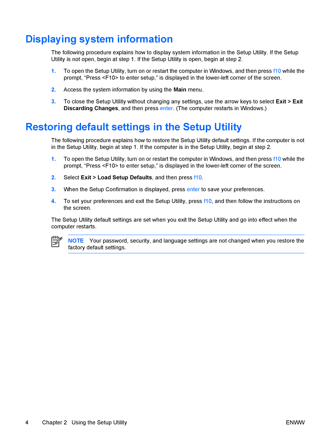 HP V6102XX, V6110US, V6110CA, V6115EU, V6109AU Displaying system information, Restoring default settings in the Setup Utility 