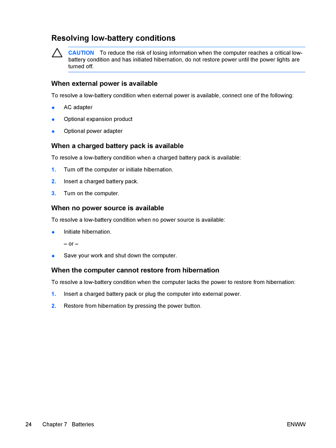 HP V6401XX Resolving low-battery conditions, When external power is available, When a charged battery pack is available 