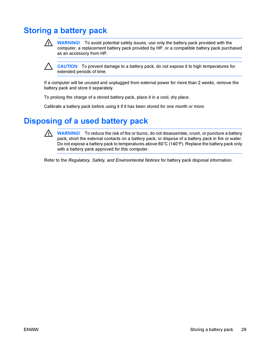 HP V6310US, V6110US, V6110CA, V6115EU, V6109AU, V6109OM, V6109EU, V6400 Storing a battery pack, Disposing of a used battery pack 