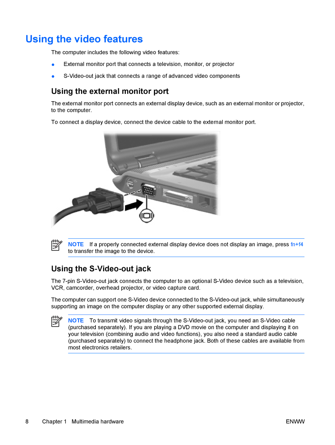 HP V6112EU, V6110US, V6110CA, V6115EU Using the video features, Using the external monitor port, Using the S-Video-out jack 