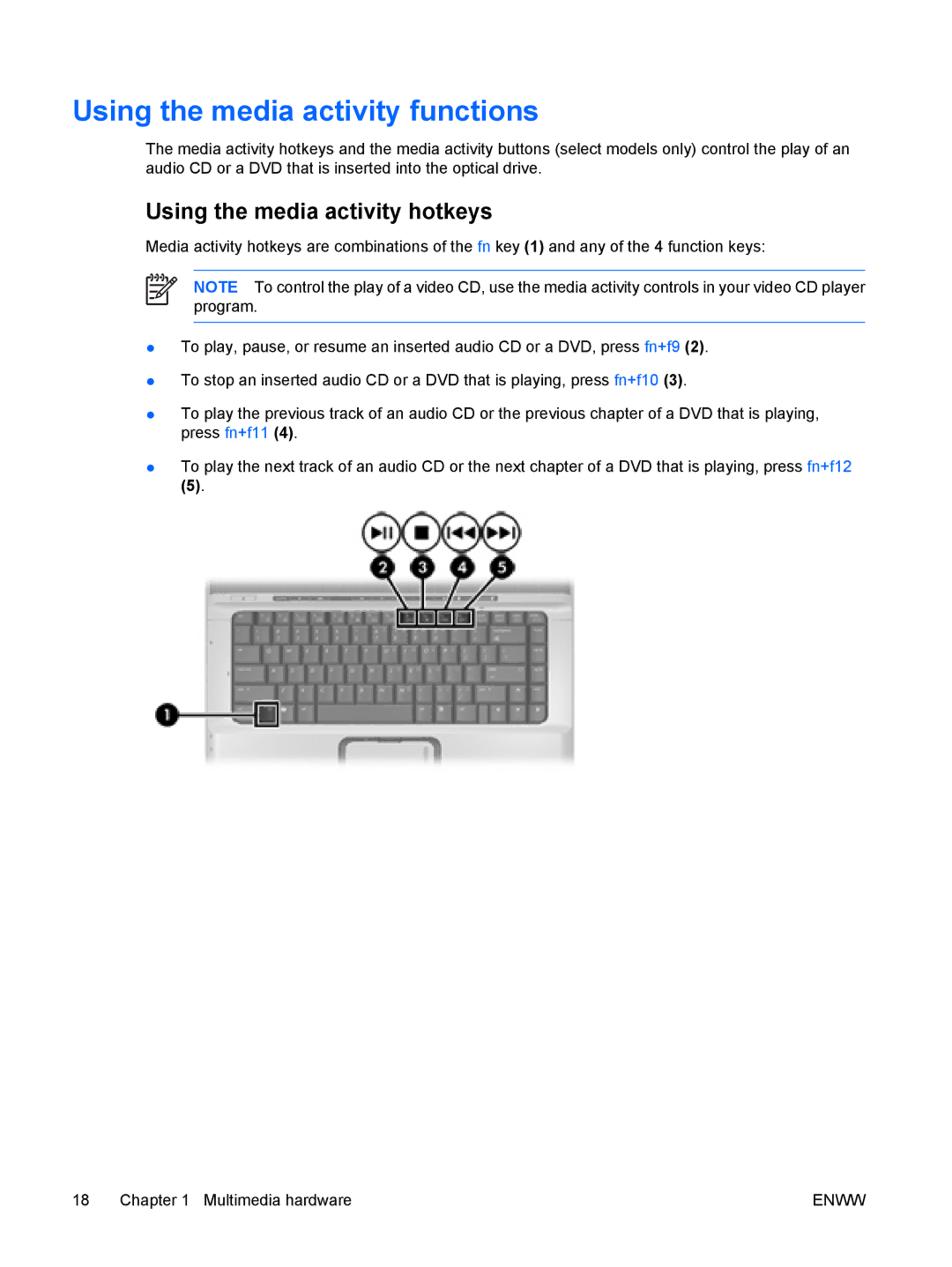 HP V6120CA, V6110US, V6110CA, V6115EU, V6109AU, V6109OM Using the media activity functions, Using the media activity hotkeys 