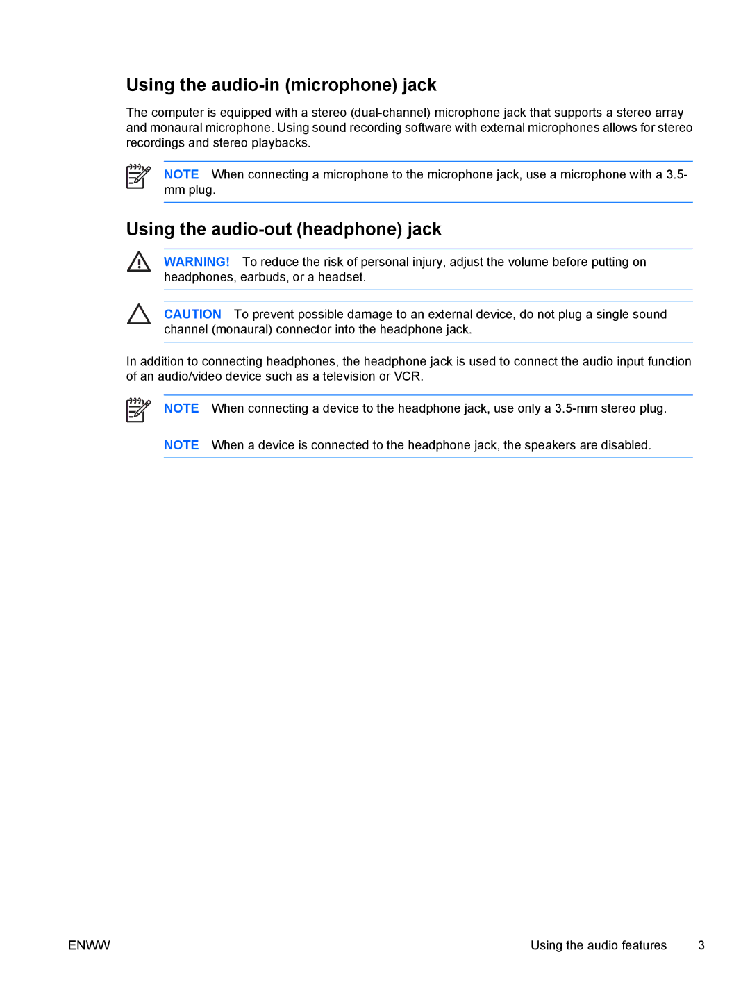 HP V6103NR, V6110US, V6110CA, V6115EU, V6109AU, V6109OM Using the audio-in microphone jack, Using the audio-out headphone jack 