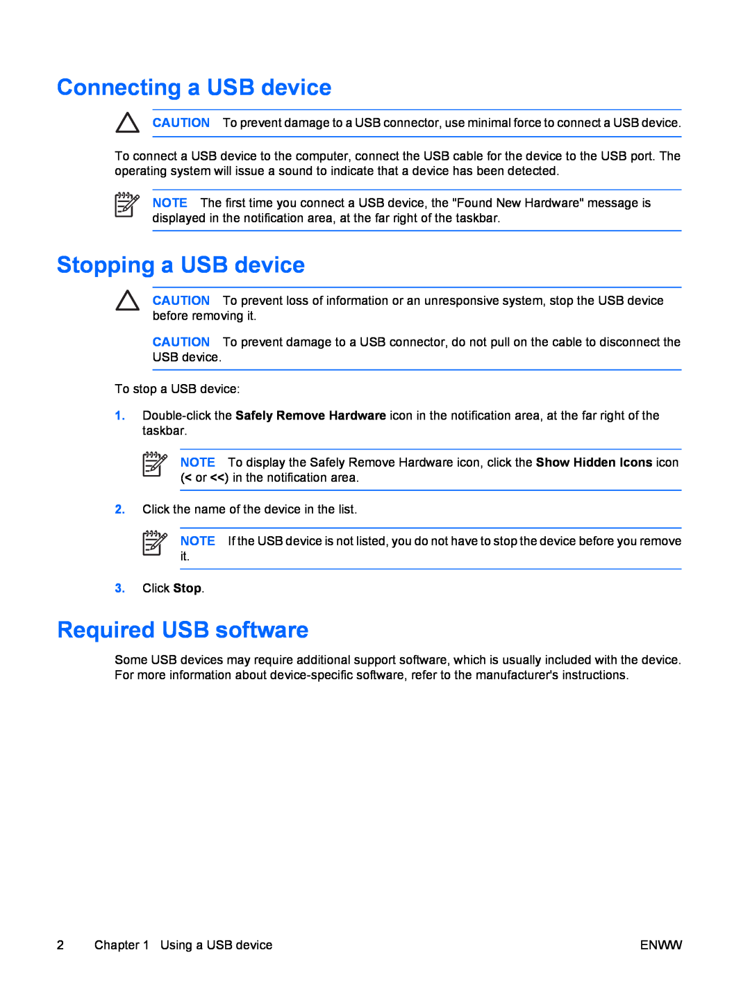 HP V6101XX, V6110US, V6115EU, V6109AU, V6109OM, V6107US Connecting a USB device, Stopping a USB device, Required USB software 
