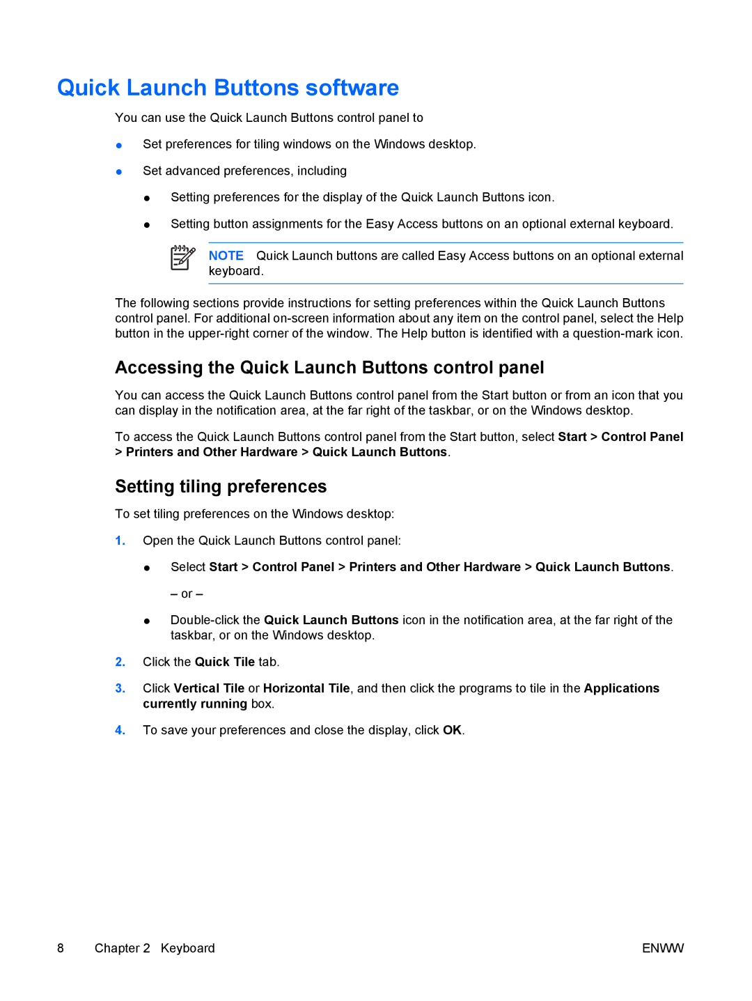 HP V6137EU Quick Launch Buttons software, Accessing the Quick Launch Buttons control panel, Setting tiling preferences 