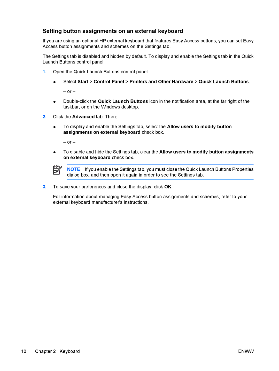 HP V6133EU, V6110US, V6115EU, V6109AU, V6109OM, V6109EU, V6107US, V6102XX Setting button assignments on an external keyboard 