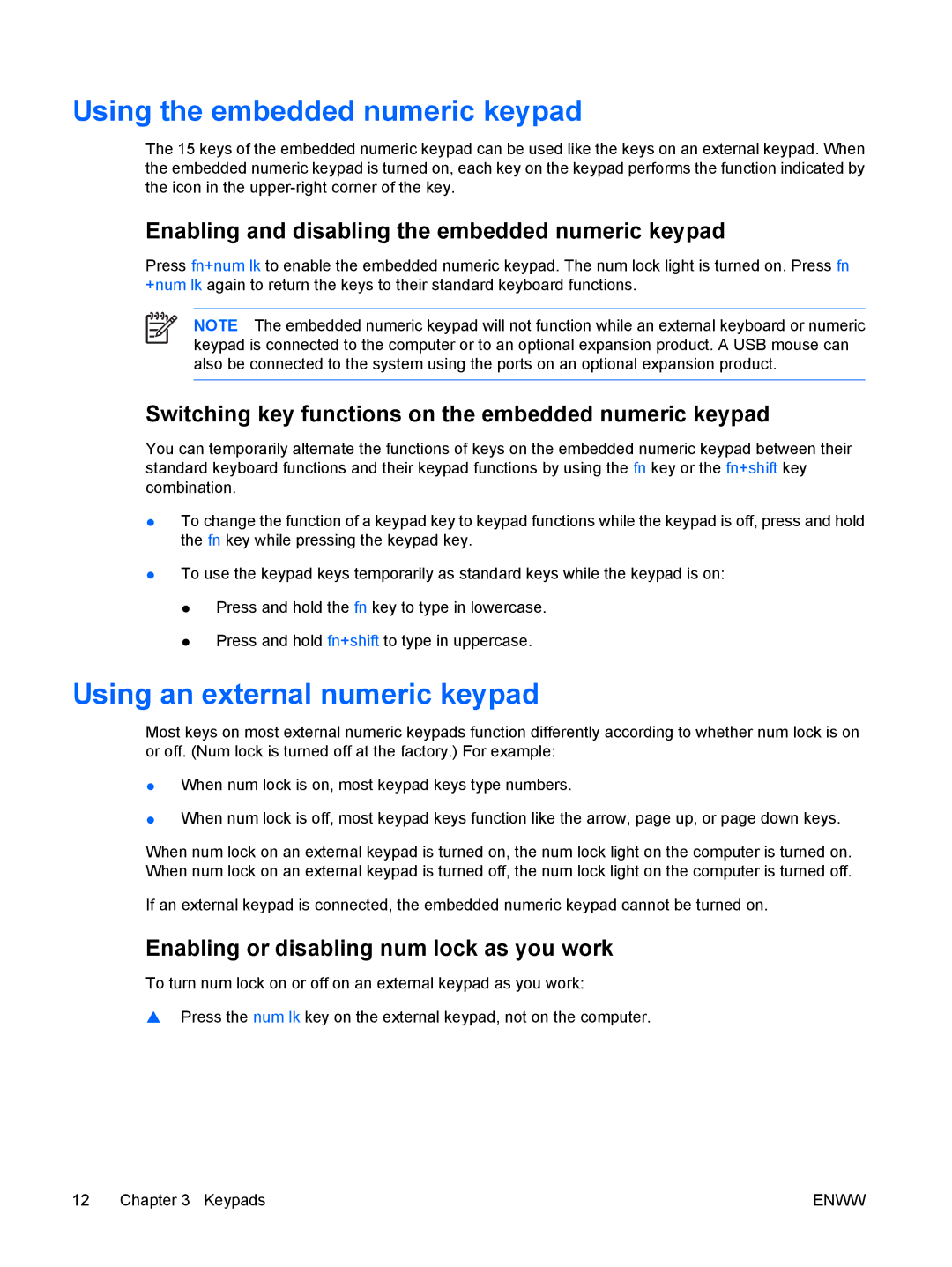 HP V6138EU Using the embedded numeric keypad, Using an external numeric keypad, Enabling or disabling num lock as you work 