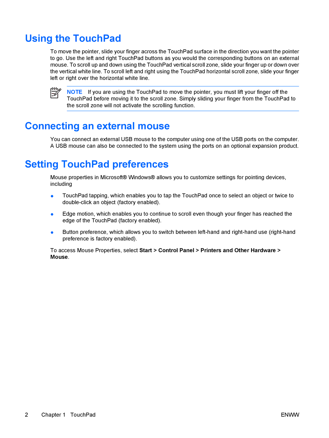 HP V6102XX, V6110US, V6115EU, V6109AU, V6109OM Using the TouchPad, Connecting an external mouse, Setting TouchPad preferences 