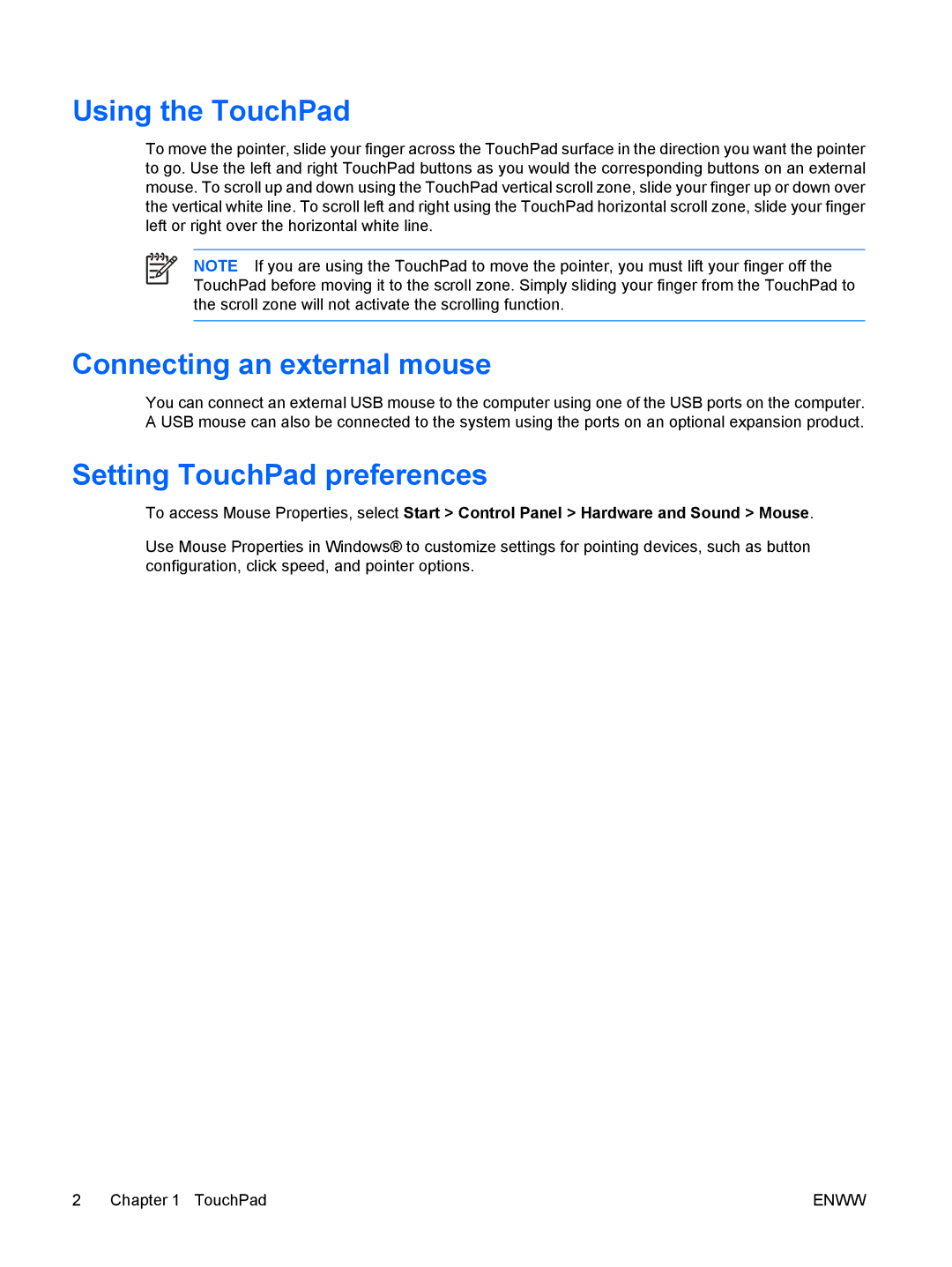 HP V6213EA, V6399XX, V6318CA, V6318TU, V6319TU Using the TouchPad, Connecting an external mouse, Setting TouchPad preferences 