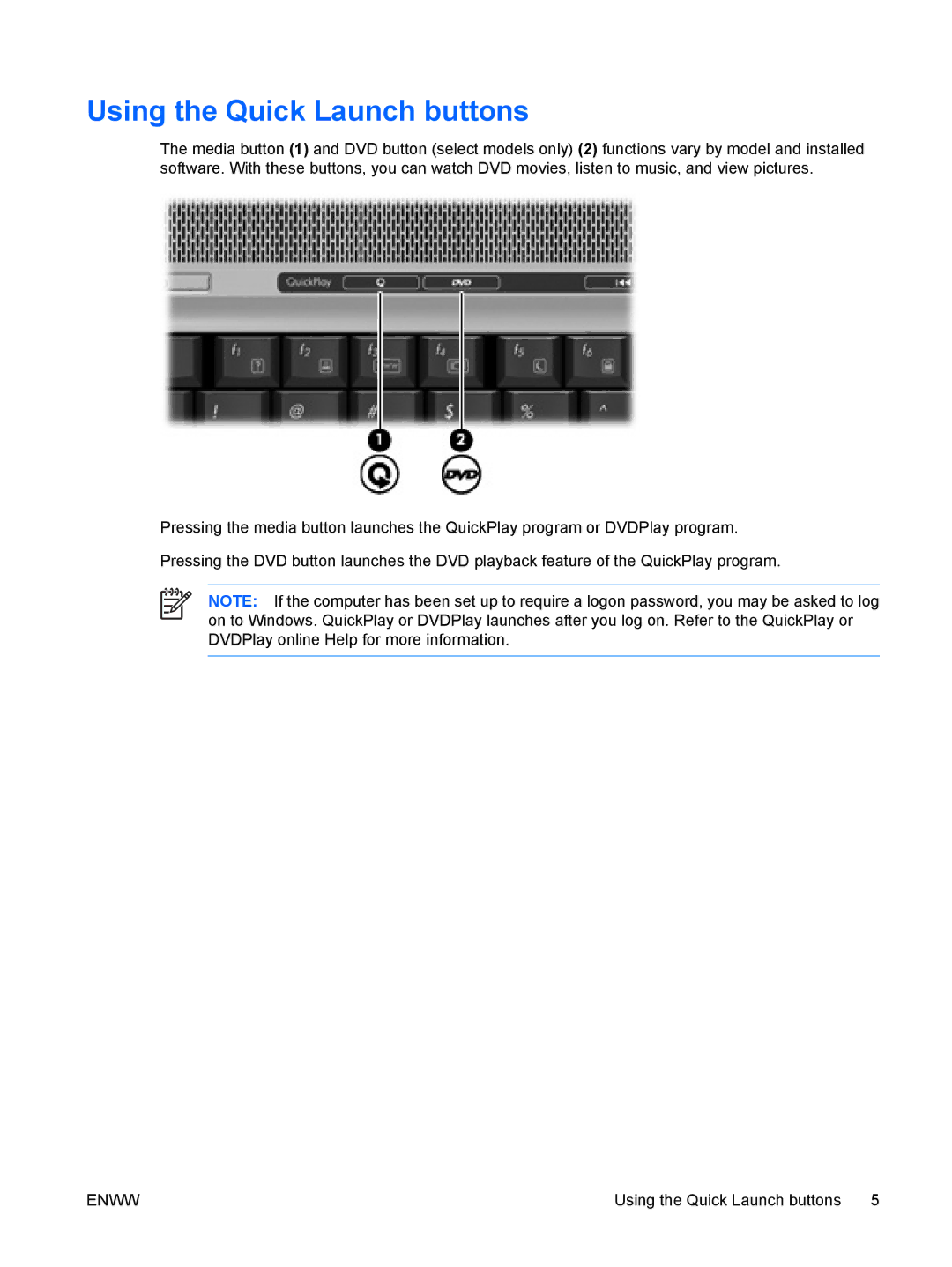 HP V6609TU, V6618AU, V6620US, V6616TU, V6614TU, V6616AU, V6613TU, V6615TU, V6611TU, V6612TU, V6612AU Using the Quick Launch buttons 