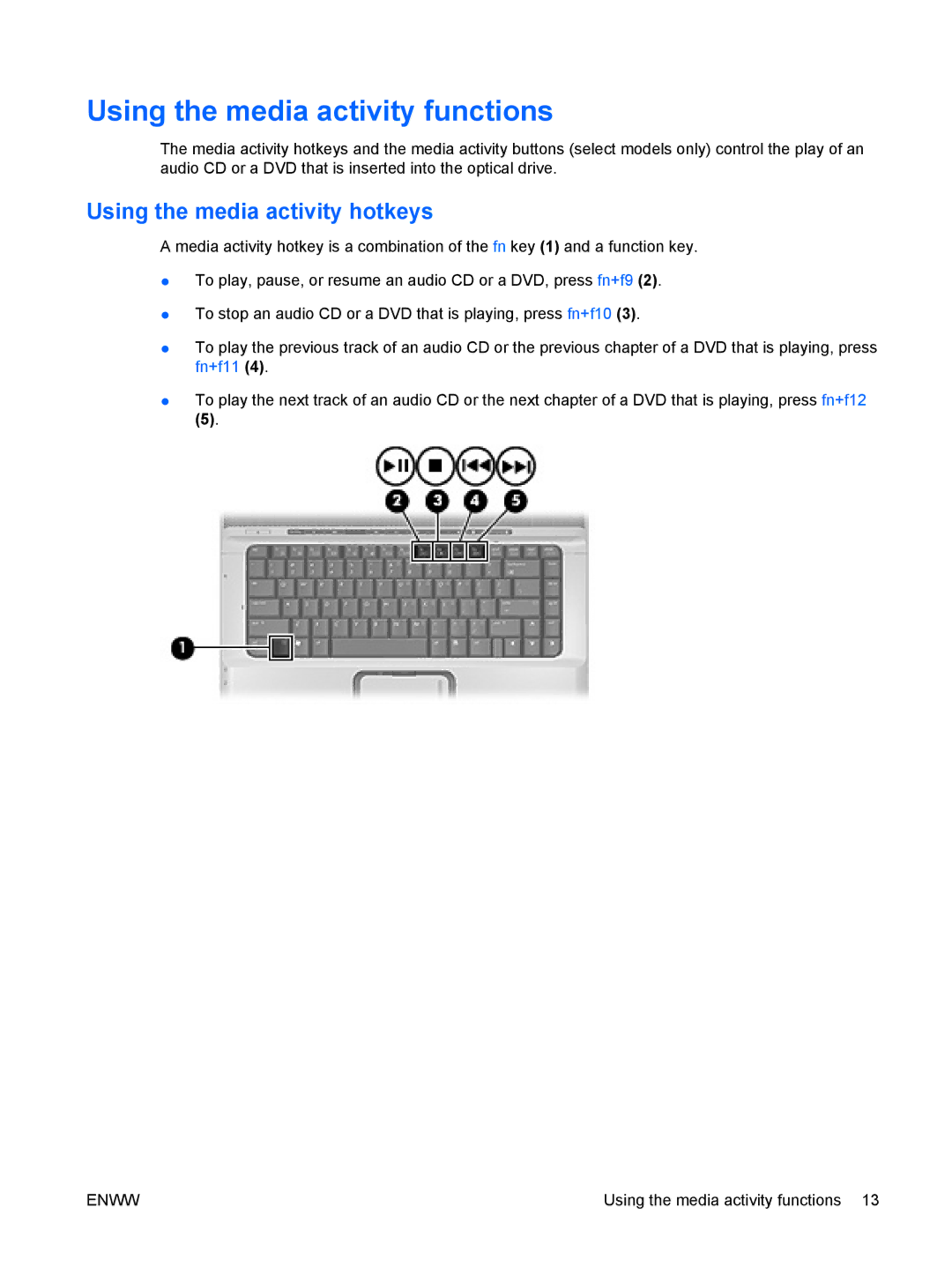 HP V6599XX, V6618AU, V6620US, V6616TU, V6614TU, V6616AU Using the media activity functions, Using the media activity hotkeys 