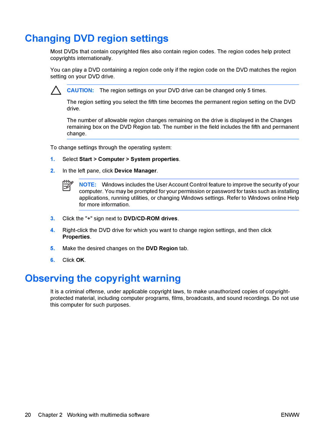 HP V6501AU, V6618AU, V6620US, V6616TU, V6614TU, V6616AU, V6613TU Changing DVD region settings, Observing the copyright warning 