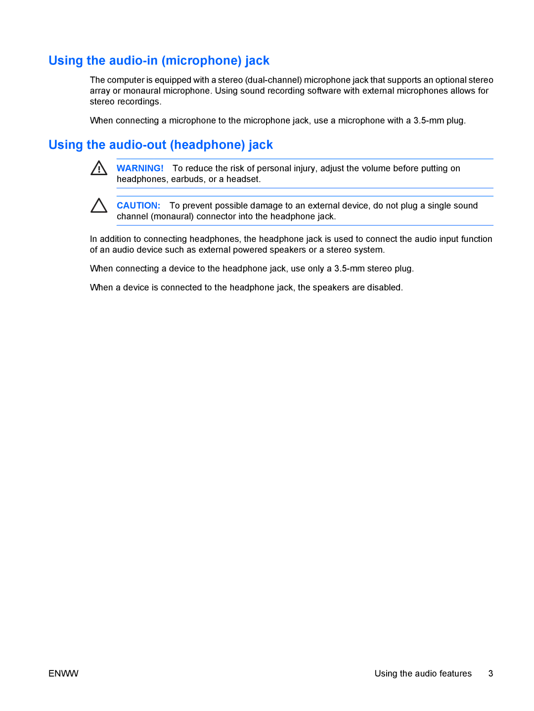 HP V6612AU, V6618AU, V6620US, V6616TU, V6614TU, V6616AU Using the audio-in microphone jack, Using the audio-out headphone jack 