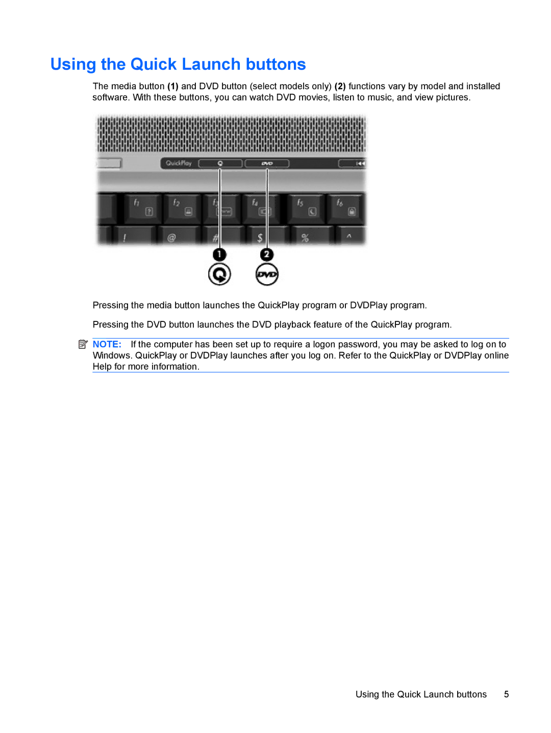 HP V6904TU, V6903TU, V6703AU, V6702TU, V6701XX, V6702AU, V6700TX, V6703XX, V6710TU, V6707TU, V6709TU Using the Quick Launch buttons 