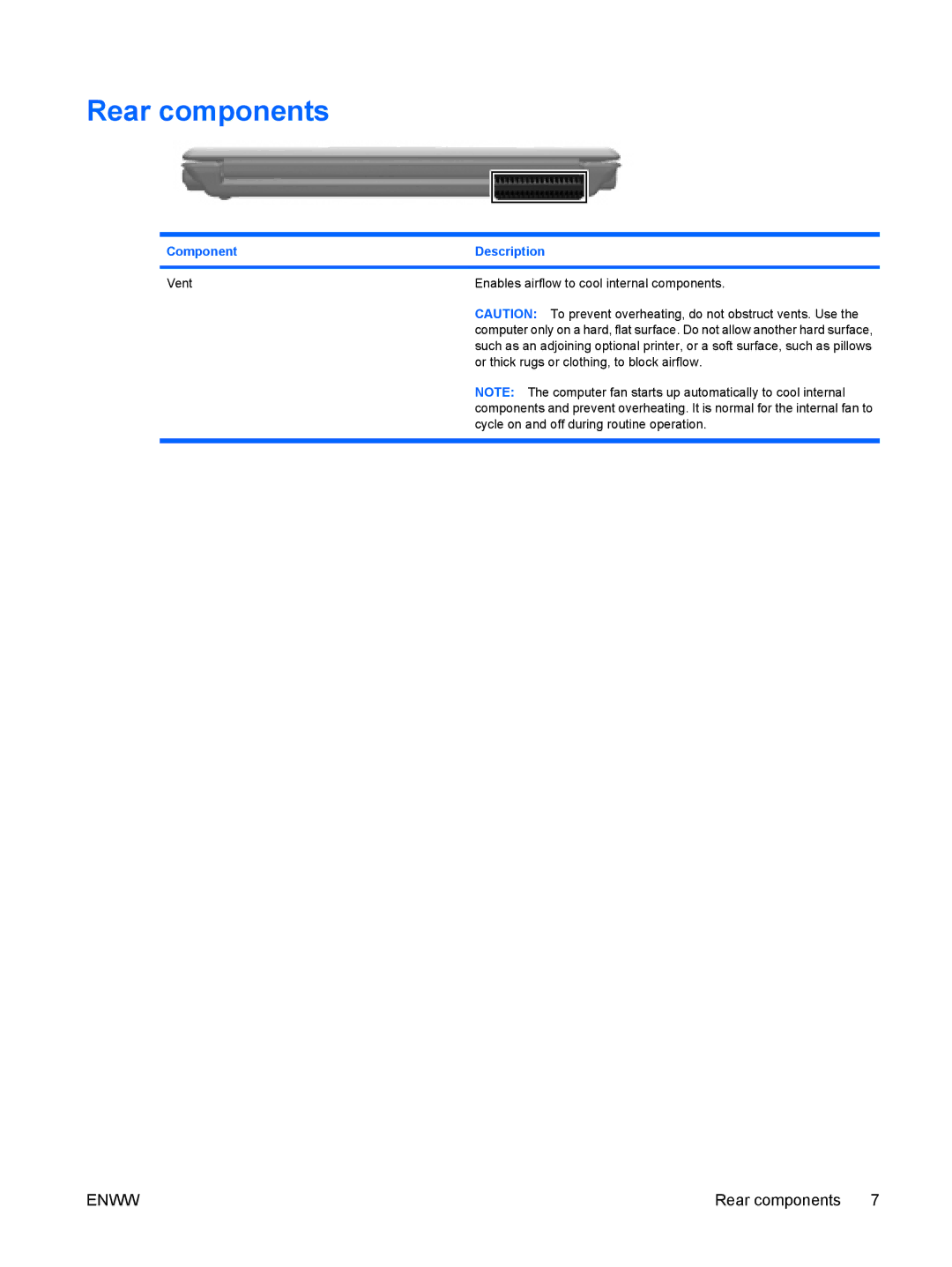 HP V6614TU, V6903TU, V6905TU, V6703AU, V6702TU, V6703TU manual Rear components, Vent Enables airflow to cool internal components 