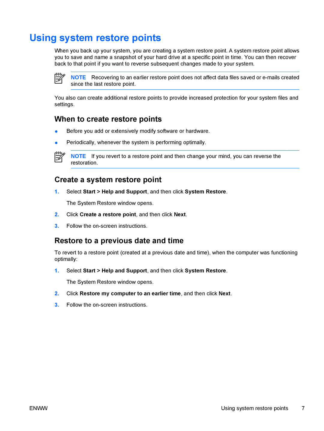 HP V6899XX, V6903TU, V6905TU, C300 Using system restore points, When to create restore points, Create a system restore point 