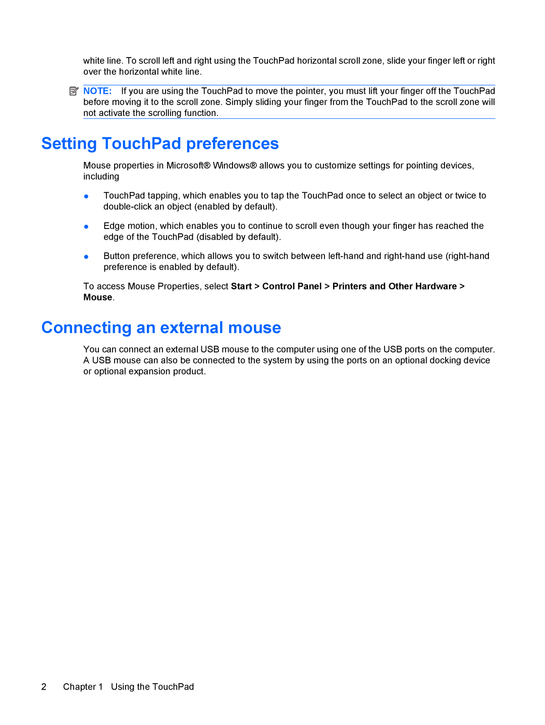 HP V6707TU, V6903TU, V6905TU, V6705TU, V6702TU, V6703TU, V6701XX Setting TouchPad preferences, Connecting an external mouse 