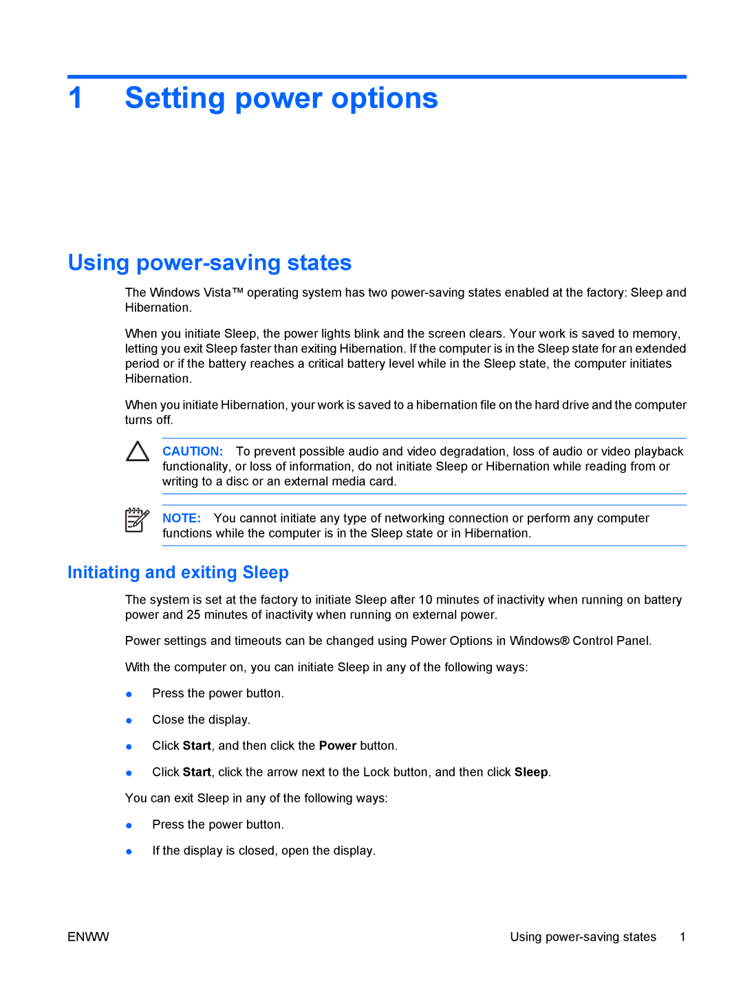 HP V6702AU, V6903TU, V6905TU, V6705TU, V6703AU Setting power options, Using power-saving states, Initiating and exiting Sleep 