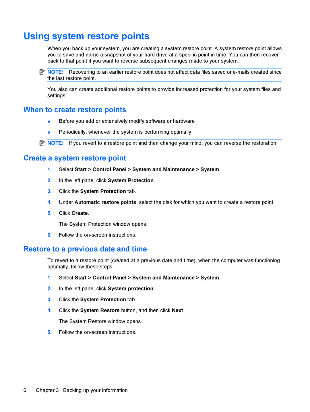 HP V6703XX, V6903TU, V6905TU, V6705TU, V6703AU, V6702TU, V6703TU Using system restore points, When to create restore points 