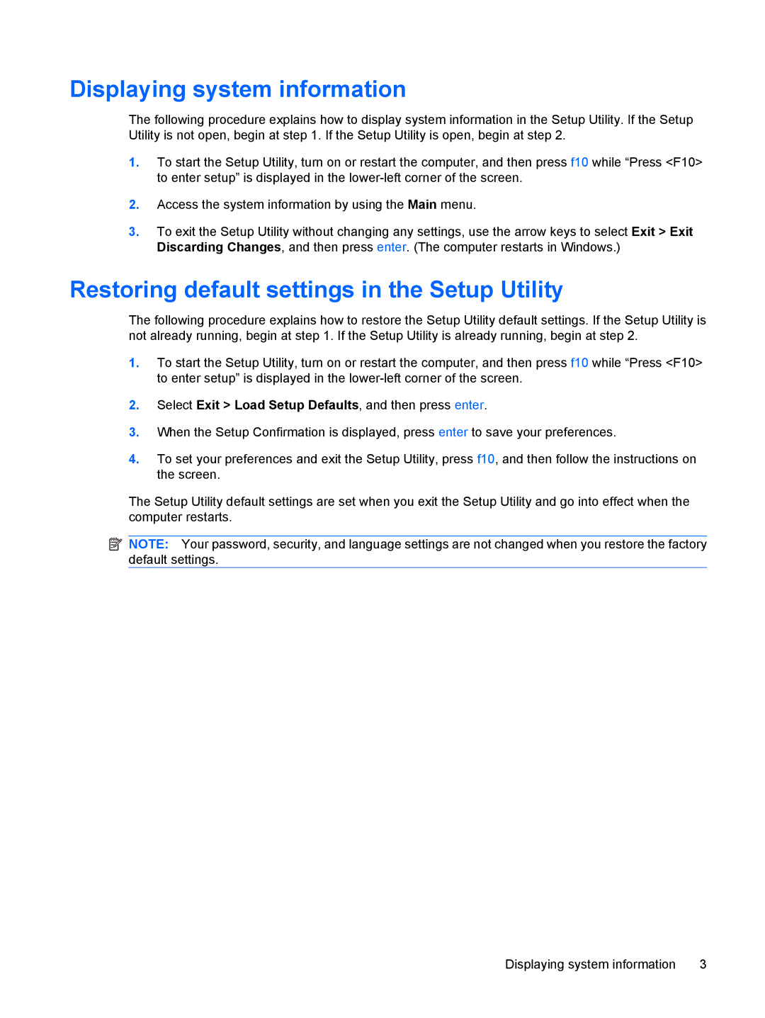 HP V6702AU, V6903TU, V6905TU, V6705TU, V6703AU Displaying system information, Restoring default settings in the Setup Utility 