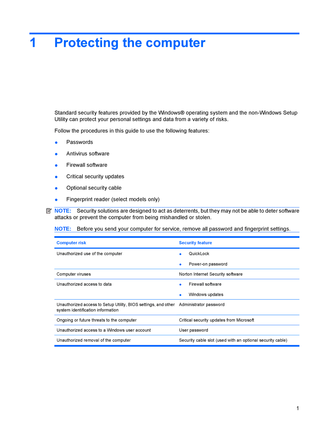 HP V6700, V6903TU, V6905TU, V6705TU, V6703AU, V6702TU, V6703TU, V6702AU Protecting the computer, Computer risk Security feature 