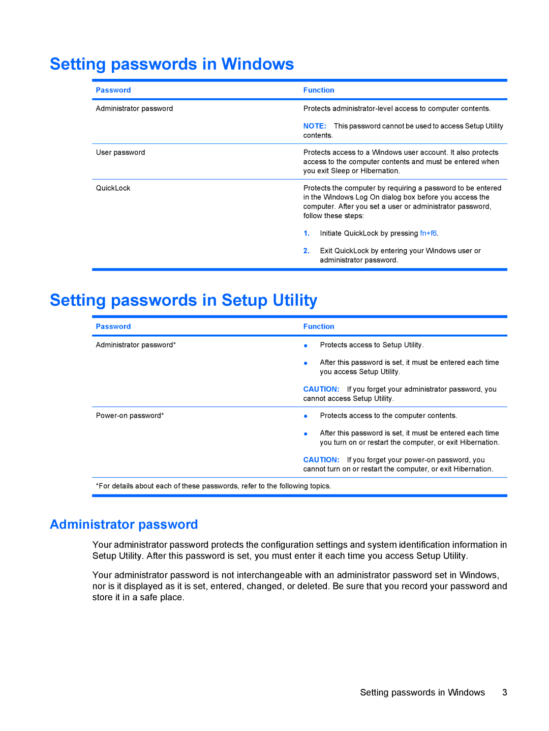 HP V6709TU, V6903TU, V6905TU, V6705TU, V6703AU, V6702TU, V6700 Setting passwords in Windows, Setting passwords in Setup Utility 