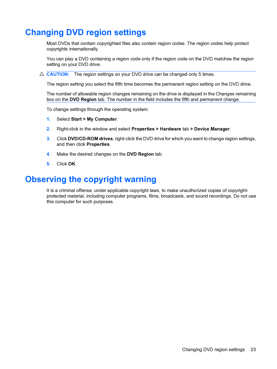 HP V6905TU manual Changing DVD region settings, Observing the copyright warning 