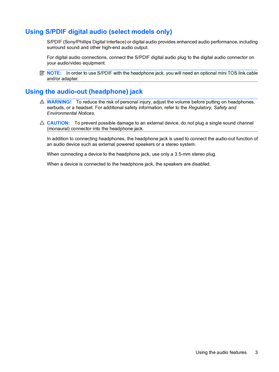 HP V6905TU manual Using S/PDIF digital audio select models only, Using the audio-out headphone jack 