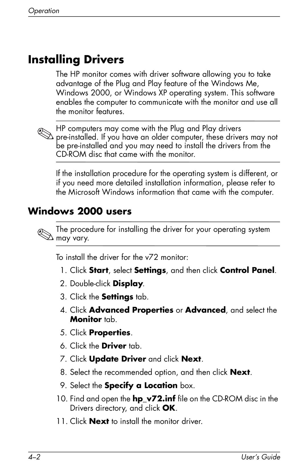 HP v72 17 inch CRT manual Installing Drivers, Windows 2000 users, Click Update Driver and click Next 