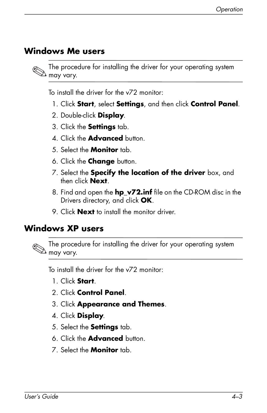 HP v72 17 inch CRT manual Windows Me users, Windows XP users, Click Control Panel Click Appearance and Themes 