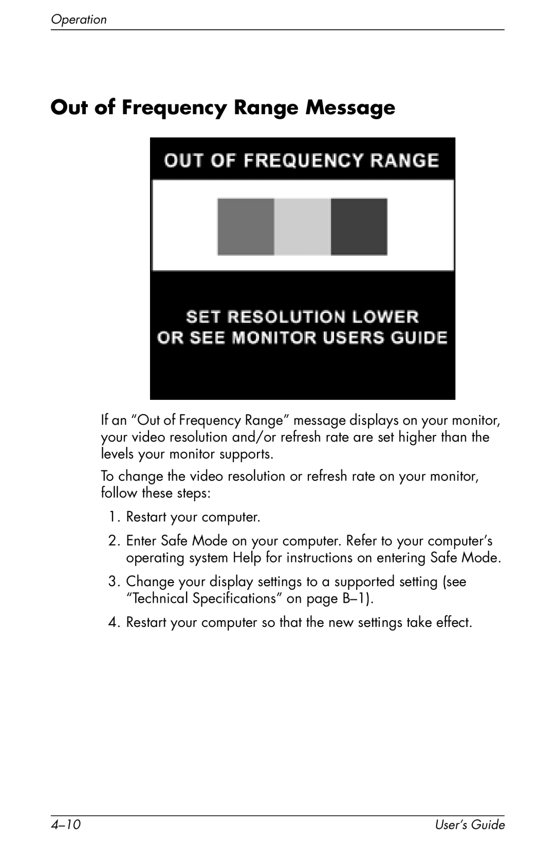 HP v72 17 inch CRT manual Out of Frequency Range Message 