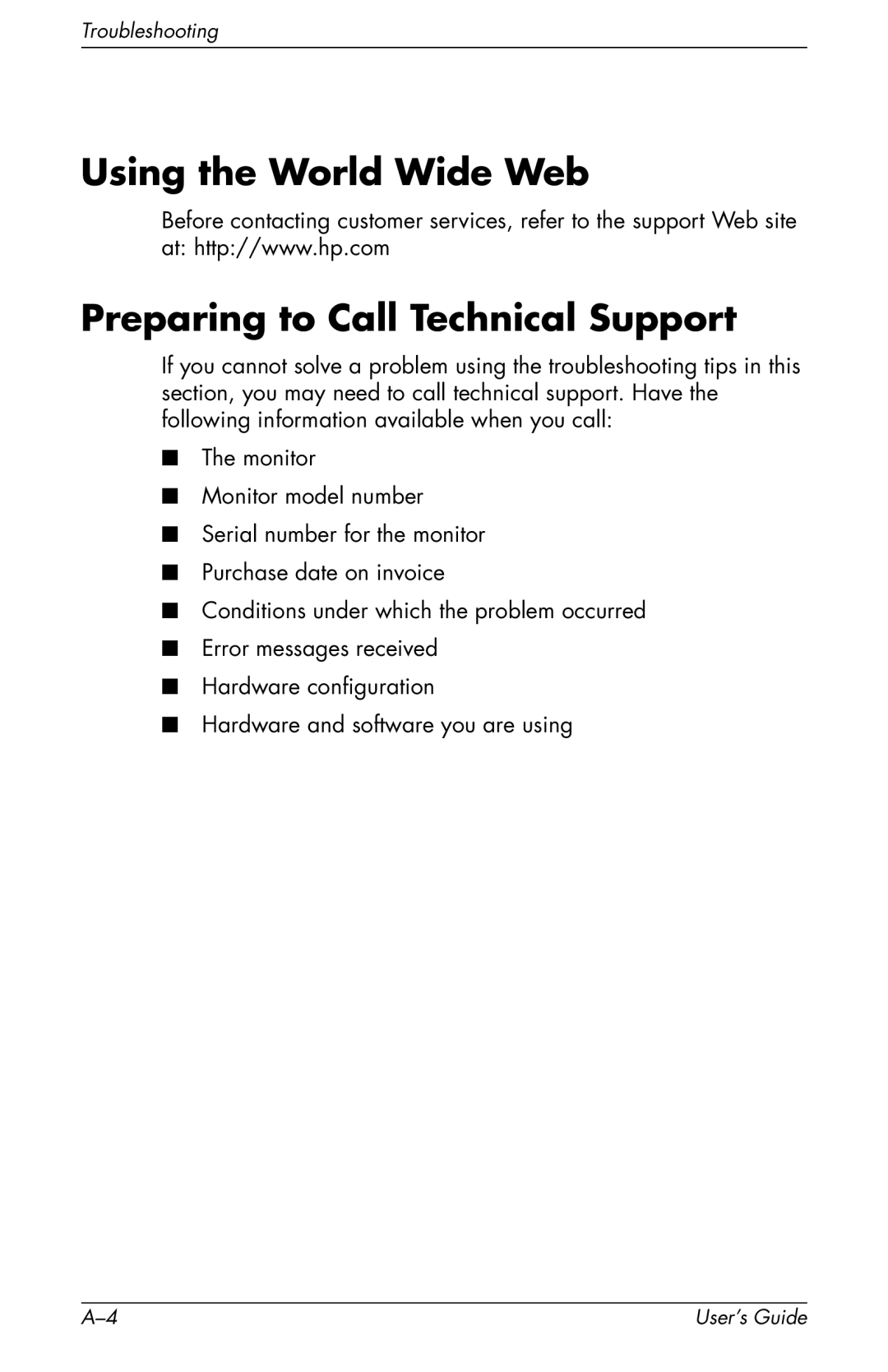 HP v72 17 inch CRT manual Using the World Wide Web Preparing to Call Technical Support 