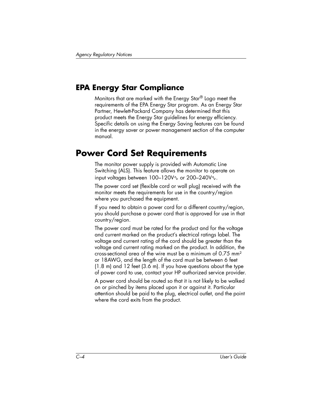 HP v72 17 inch CRT manual Power Cord Set Requirements, EPA Energy Star Compliance 