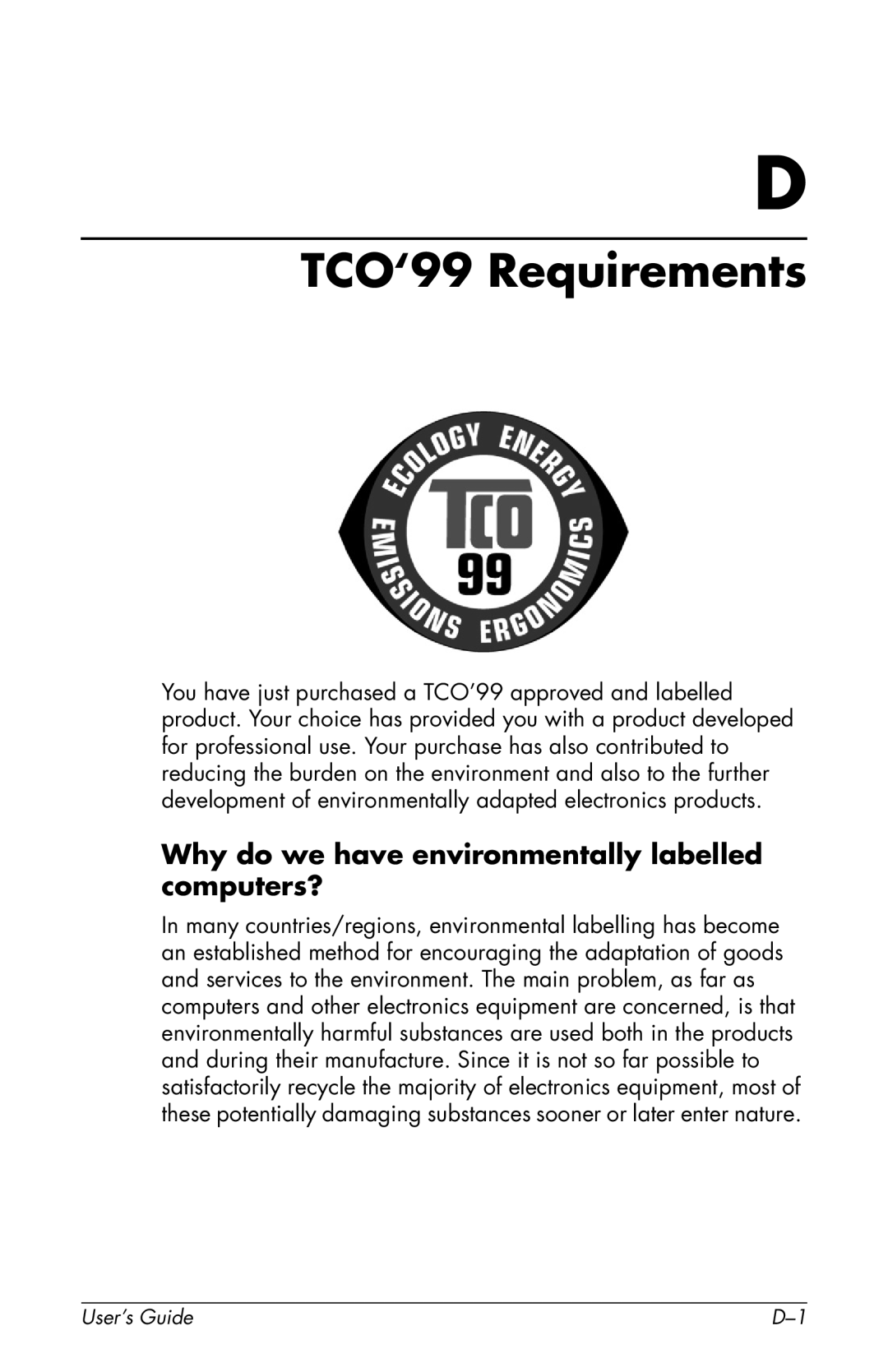 HP v72 17 inch CRT manual TCO‘99 Requirements, Why do we have environmentally labelled computers? 