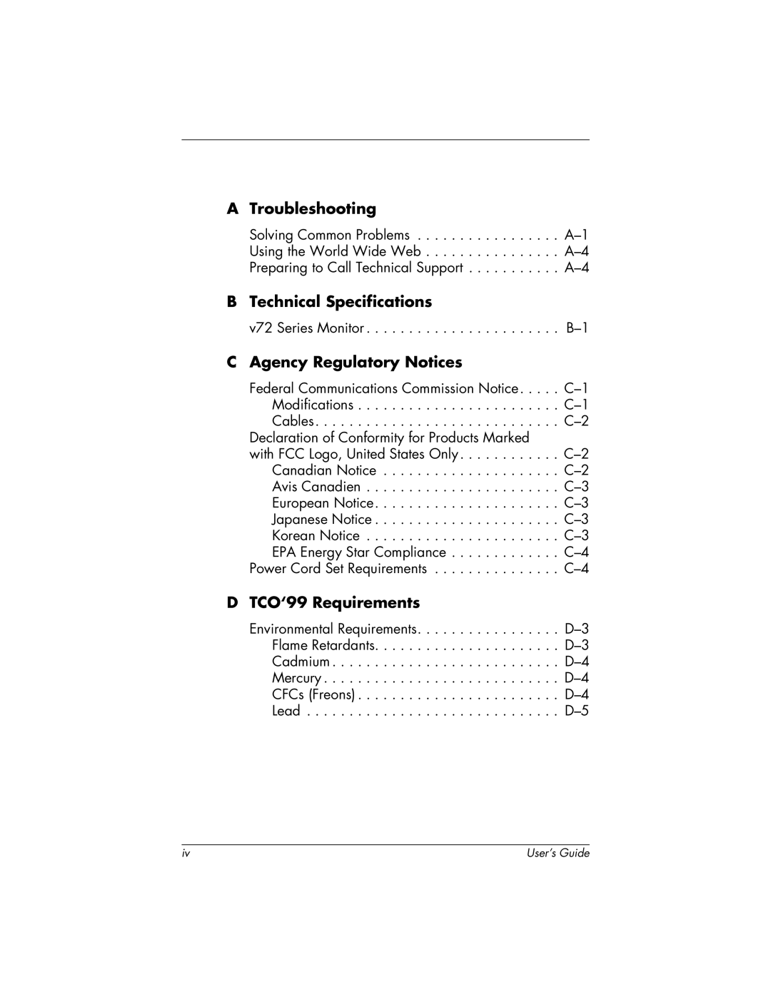 HP v72 17 inch CRT manual Troubleshooting, Technical Specifications, Agency Regulatory Notices, TCO‘99 Requirements 