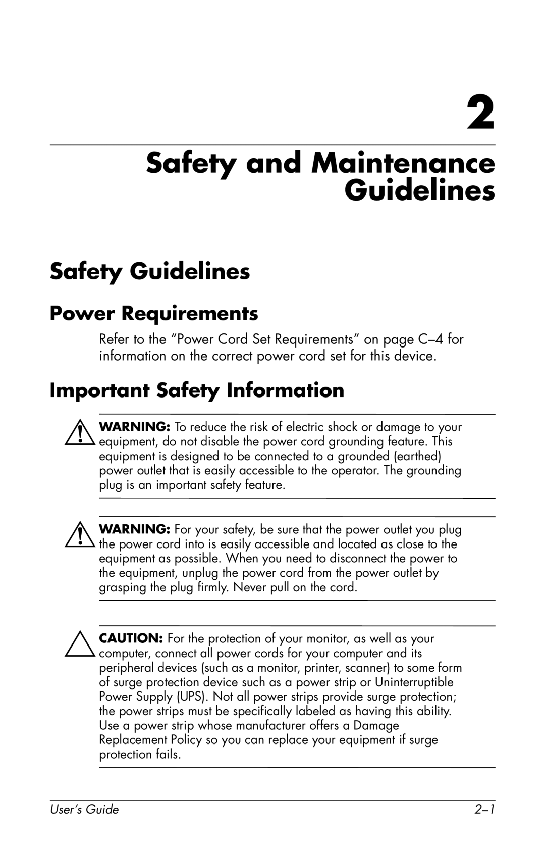 HP v72 17 inch CRT Safety and Maintenance Guidelines, Safety Guidelines, Power Requirements, Important Safety Information 